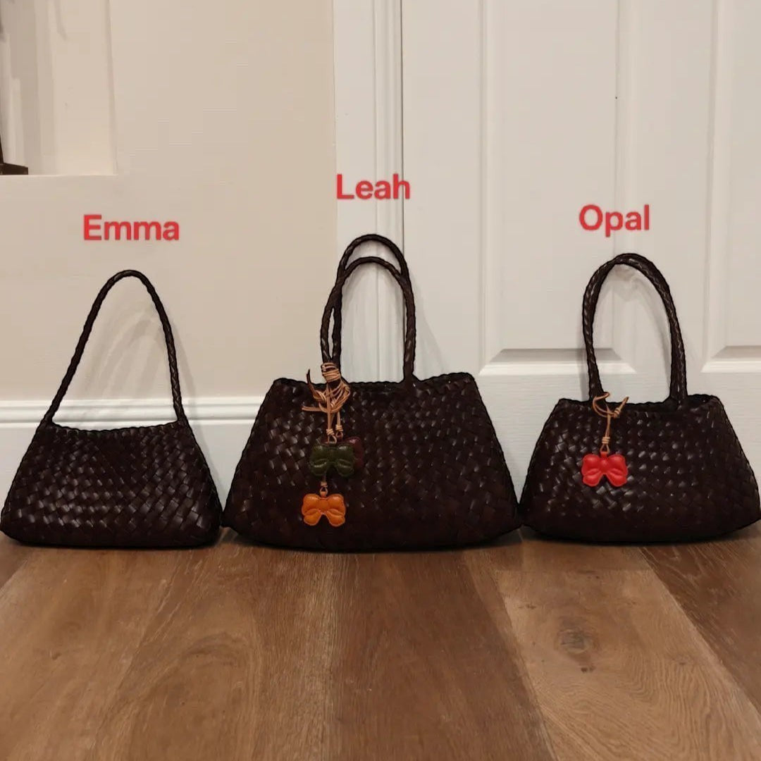 Size comparison of Emma, Leah, and Opal brown woven leather handbags placed side by side