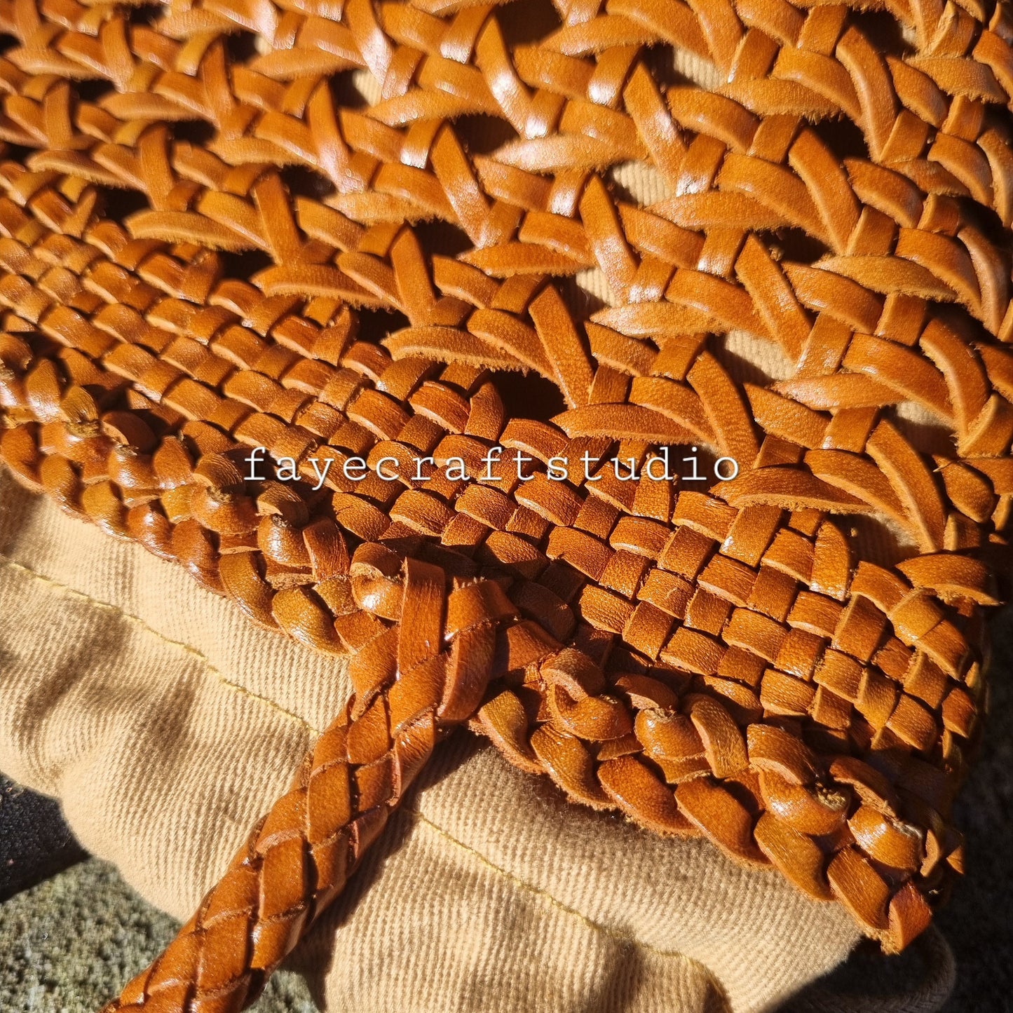 Handmade genuine leather open weave round basket