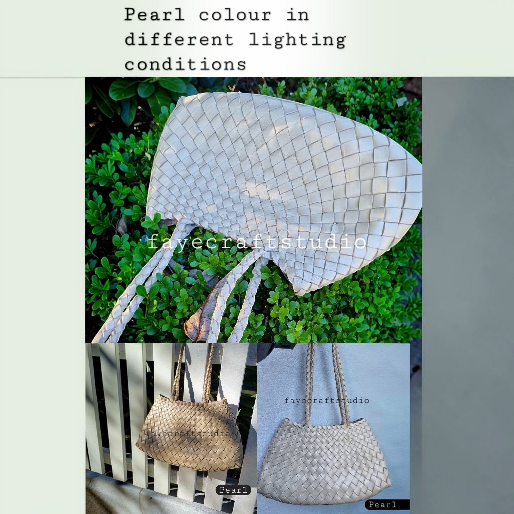 Collage View Of Leah Large Handmade Leather Woven Tote Bag with Long Handles in Pearl Leather
