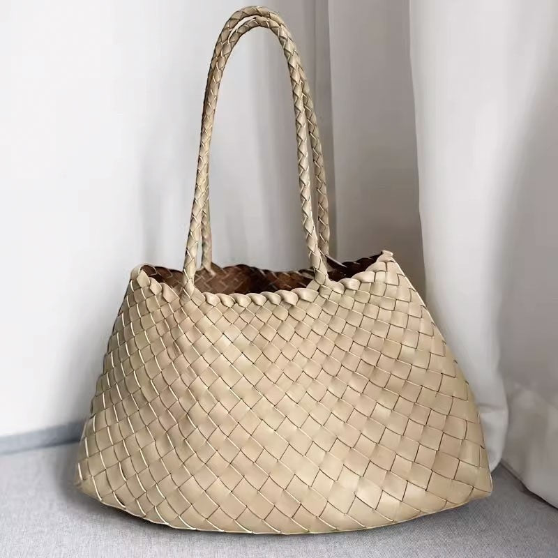 front view of a opal lether woven tote