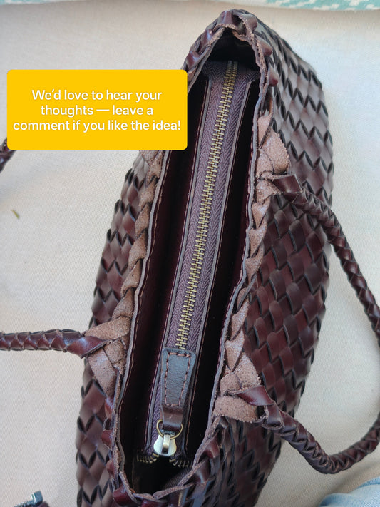 Handmade genuine leather Opal City Zip woven tote bag with long handles and zipper closure, coffee color