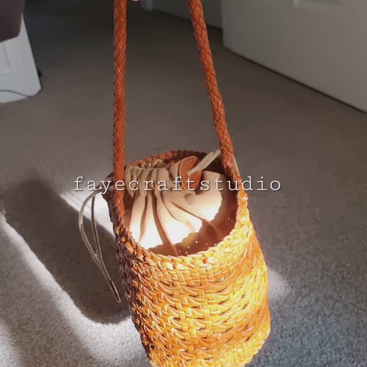 Handmade genuine leather open weave round basket