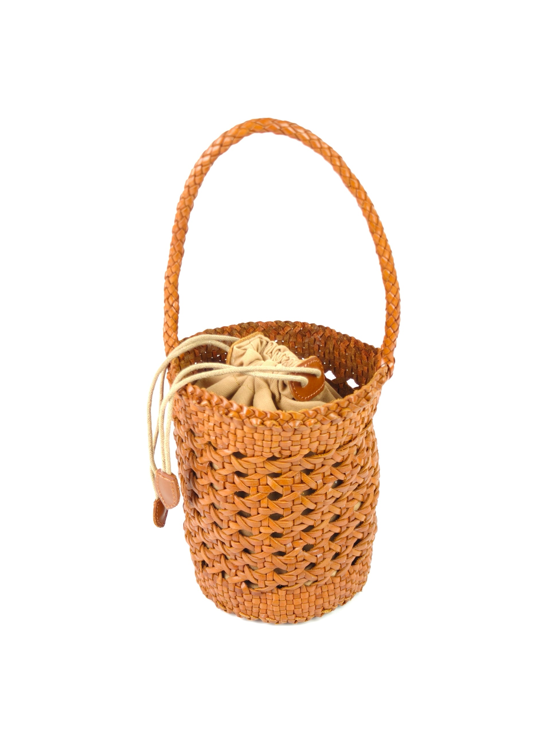 Vera round open weave tote bag with braided handle and beige drawstring liner