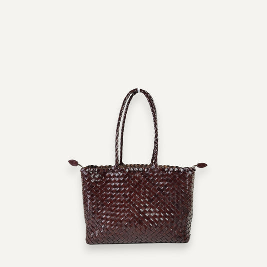 Helena French style retro handwoven cowhide leather shoulder tote bag in dark brown