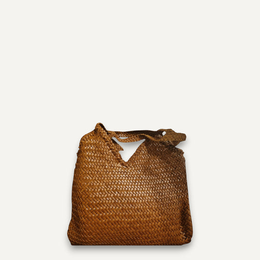 Brown top layer cowhide leather woven bag with soft, durable texture and braided handles