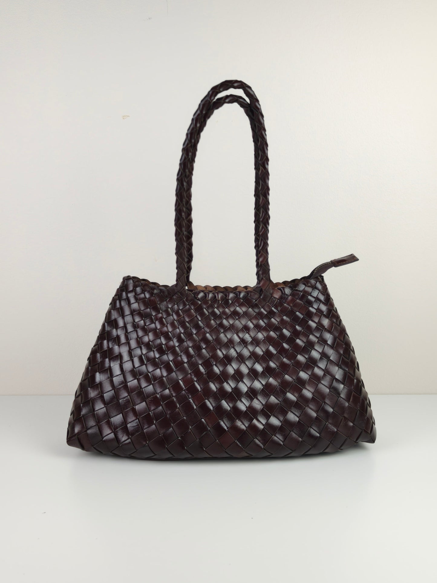 Opal City Zip woven genuine cowhide leather tote bag with zipper closure and long handles