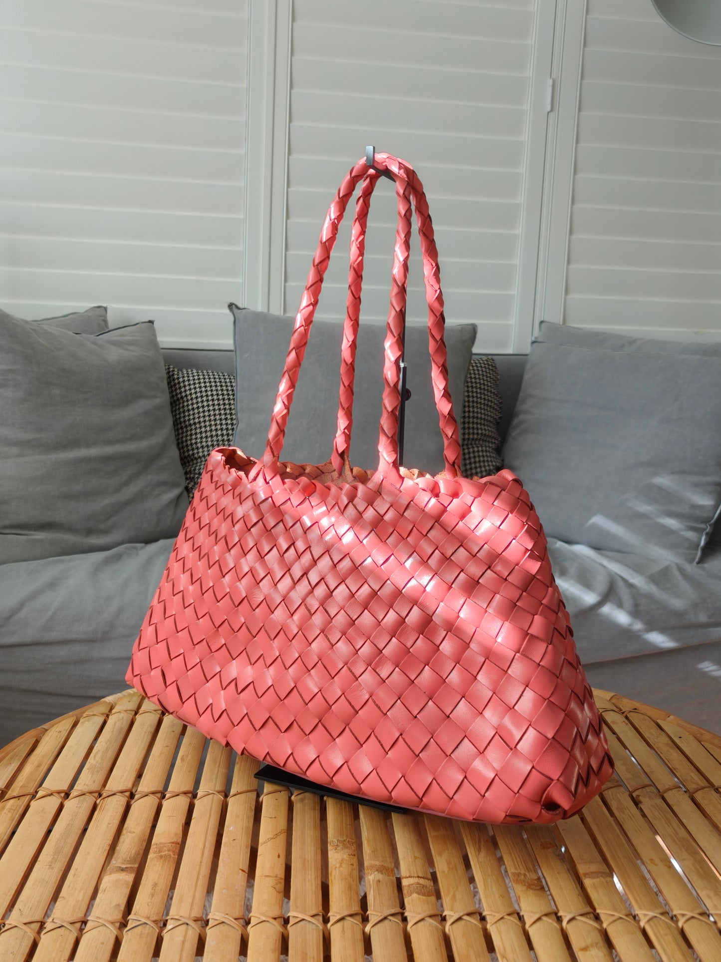 Leah - (LARGE LONG HANDLES) Genuine Leather Woven Tote