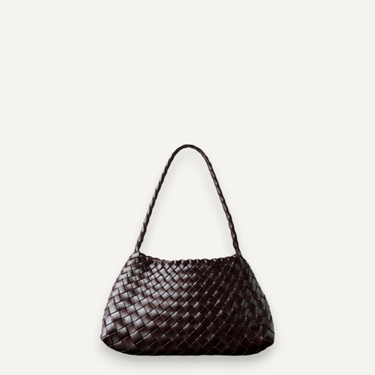 Emma handmade full leather cowhide shoulder bag in woven dark brown design