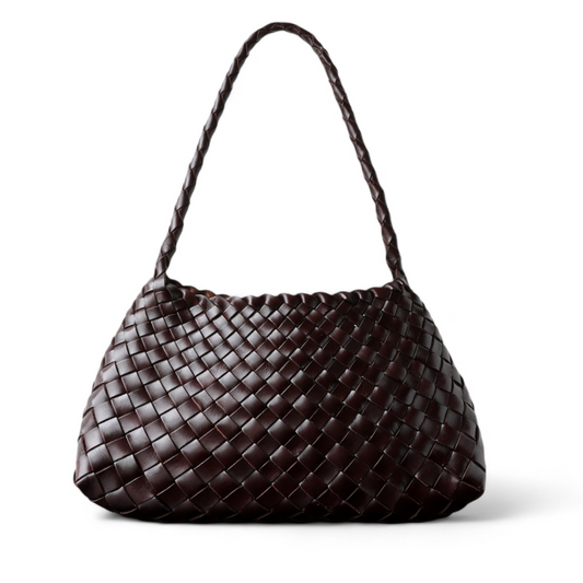 Emma handmade full leather cowhide shoulder bag in woven dark brown design