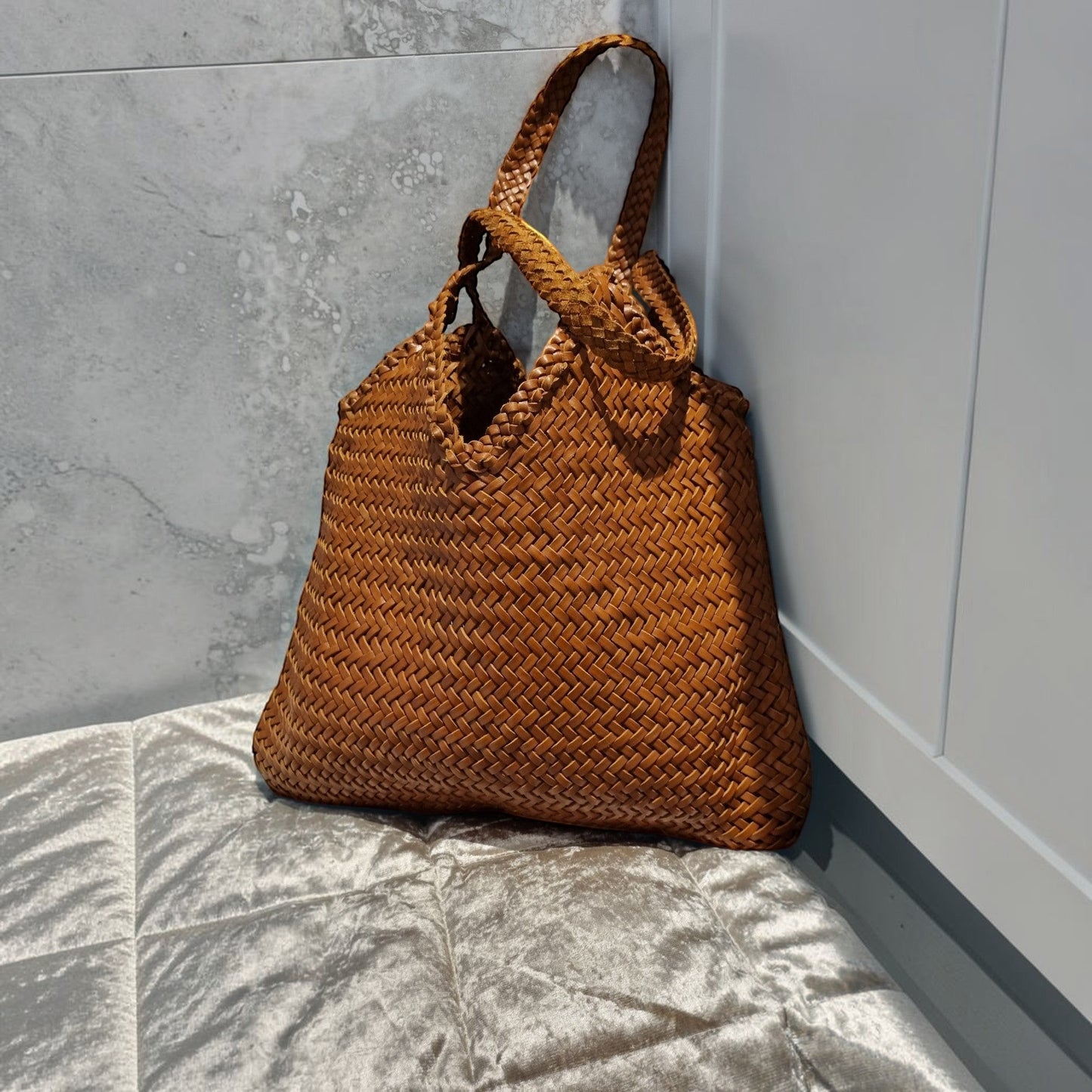 Iris Woven Leather Shoulder Tote Bag