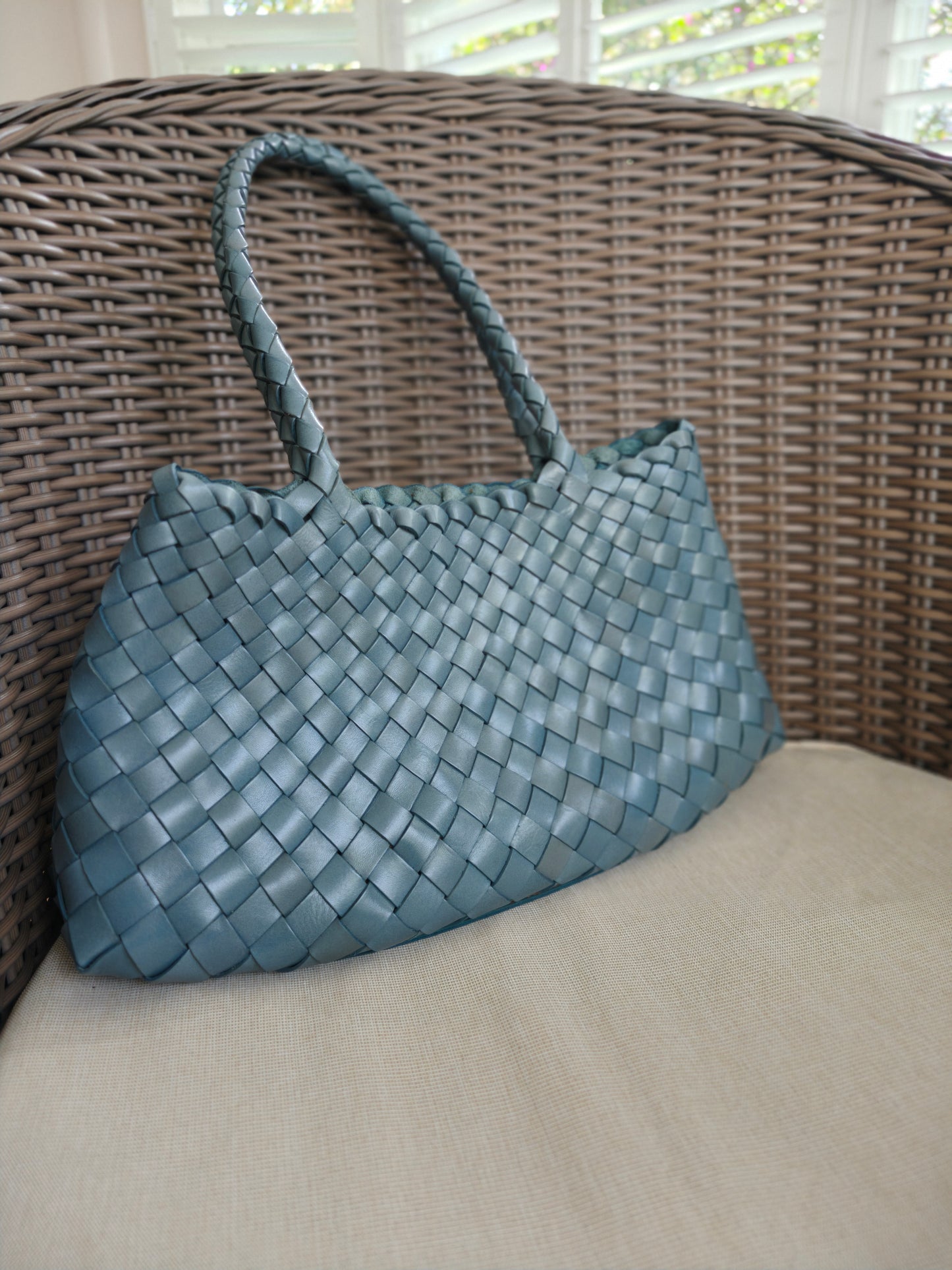 Leah - (LARGE LONG HANDLES) Genuine Leather Woven Tote
