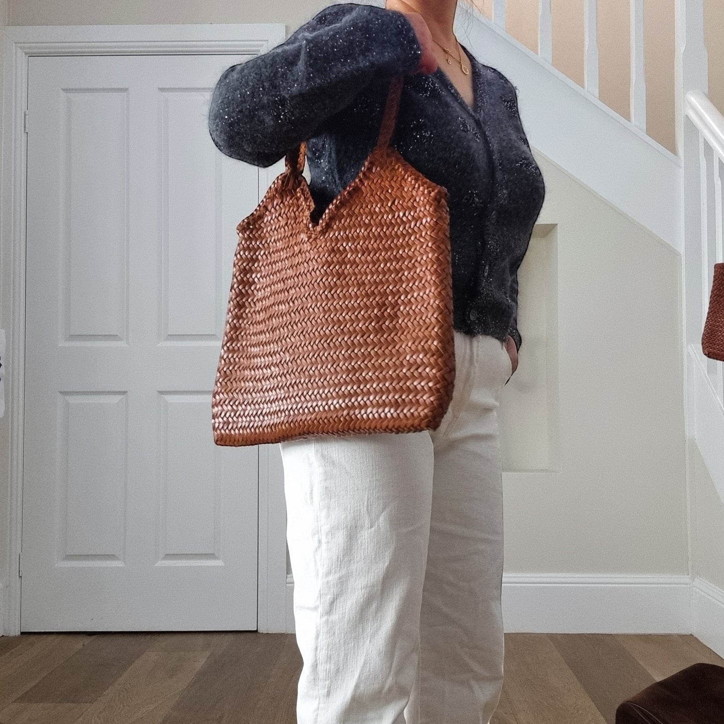 Iris Woven Leather Shoulder Tote Bag