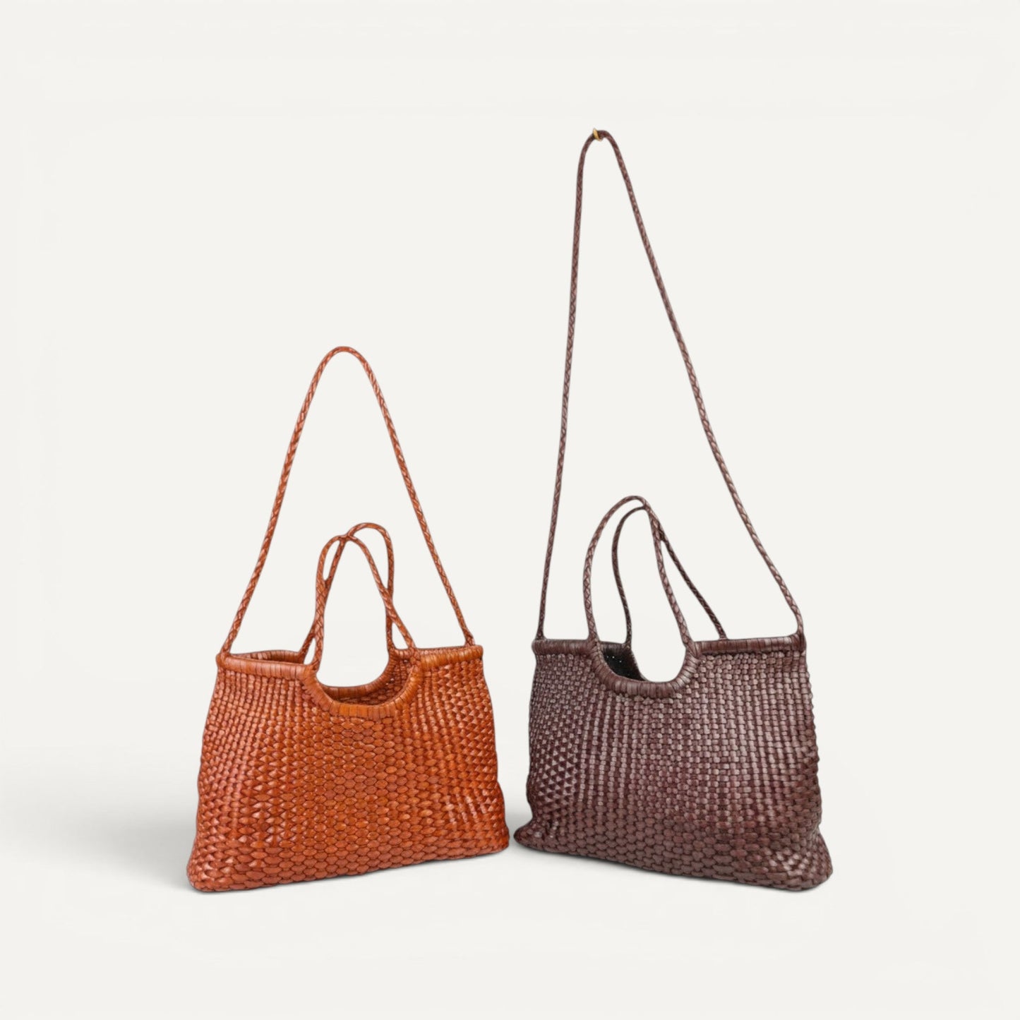 Handcrafted Dahlia Tote in woven premium cowhide leather with short shoulder strap and removable base panel