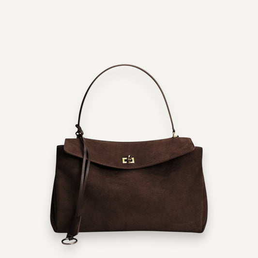 Harper large suede leather shoulder bag with gold-tone hardware and structured design