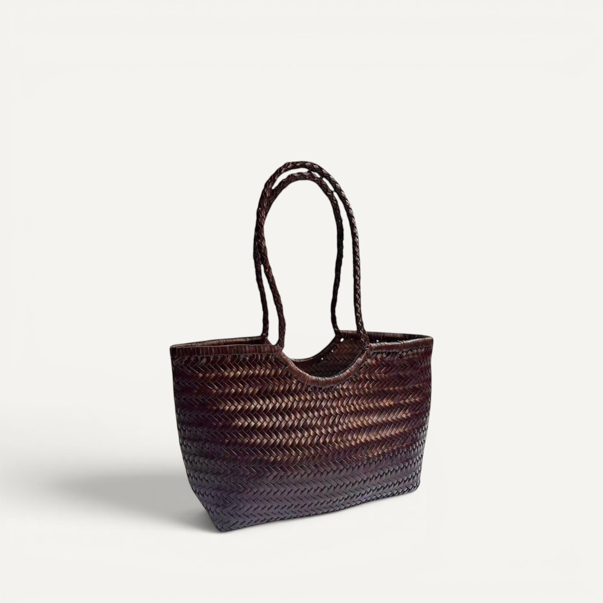 Large Phoebe handmade woven genuine top layer cowhide leather shoulder bag in dark brown with double braided handles