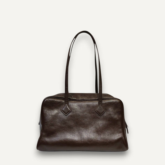 Box 35 full-grain leather structured tote bag with triple zippered compartments and shoulder handles