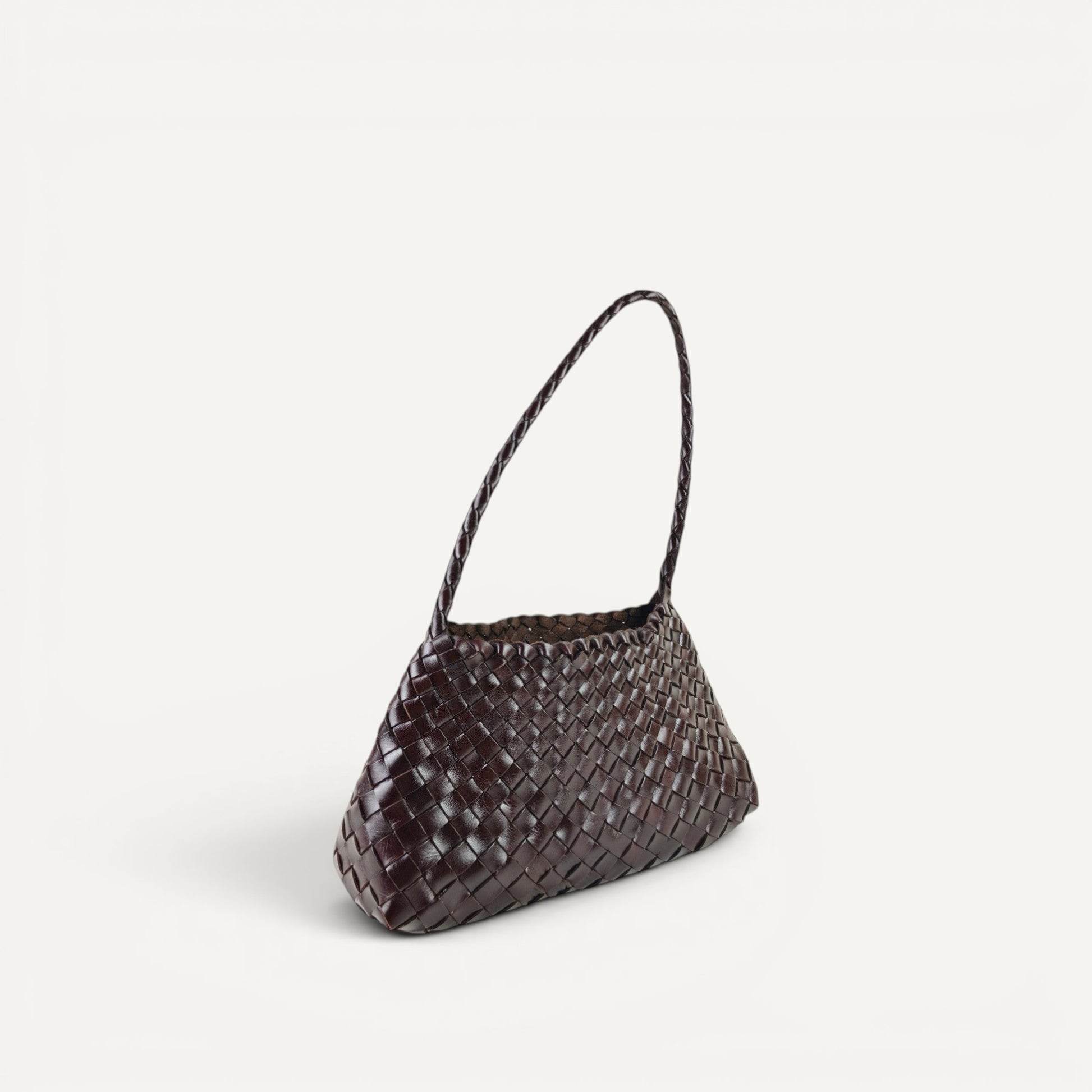 Emma handmade full leather cowhide shoulder bag in dark brown woven design