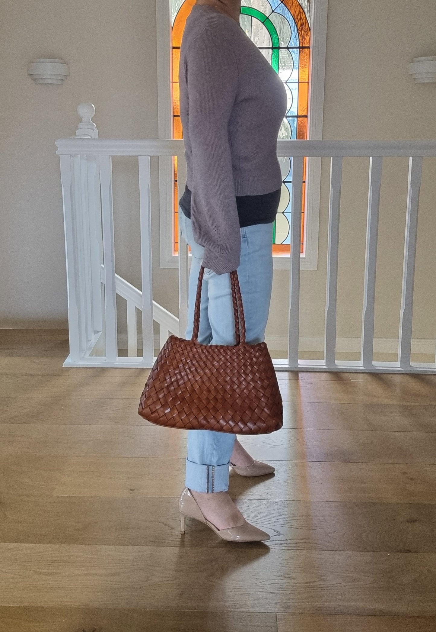 Opal (MEDIUM LONG HANDLES) - Handmade TOP LAYER cowhide leather woven shoulder tote bag with long handles