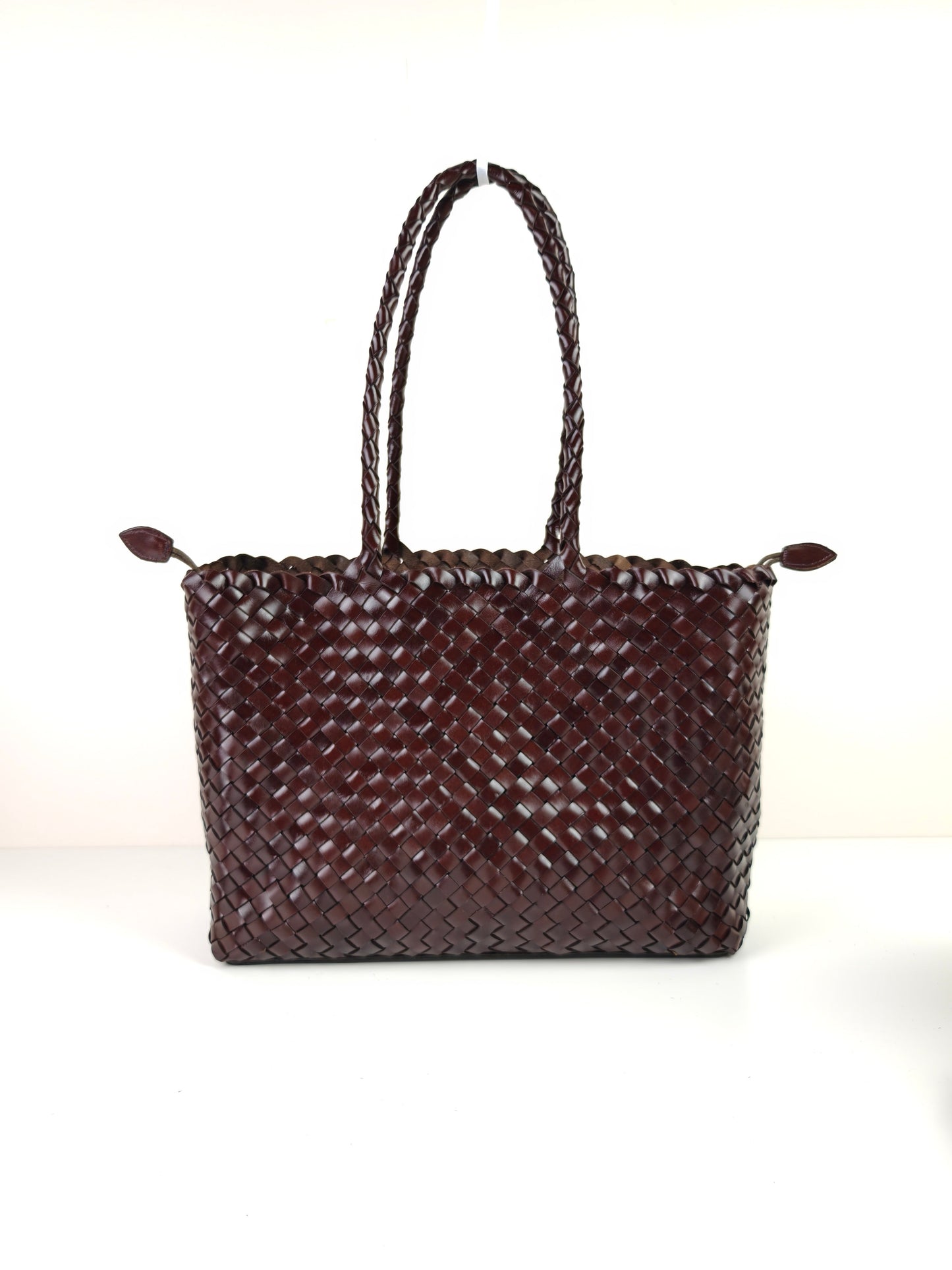 Helena French style retro handwoven cowhide leather shoulder tote bag in dark brown