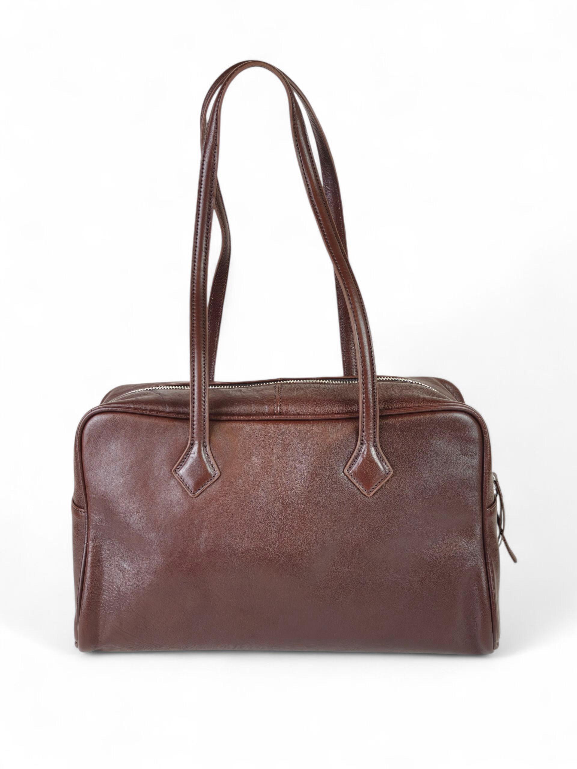 Full-grain leather Box 35 structured tote bag with shoulder handles in brown