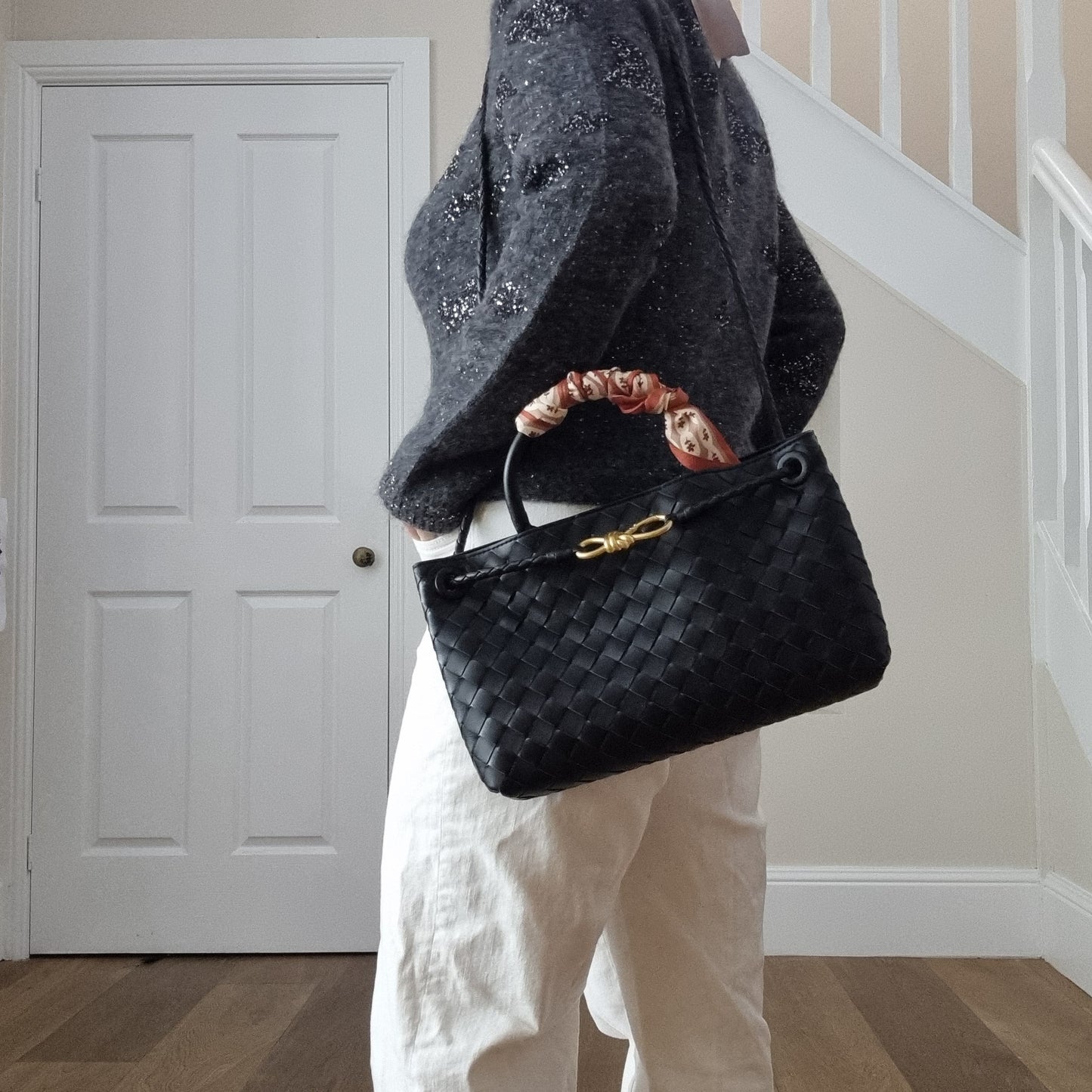 Aria crosswoven genuine leather shoulder bag, dual compartment, elegant woven design, versatile carry options.