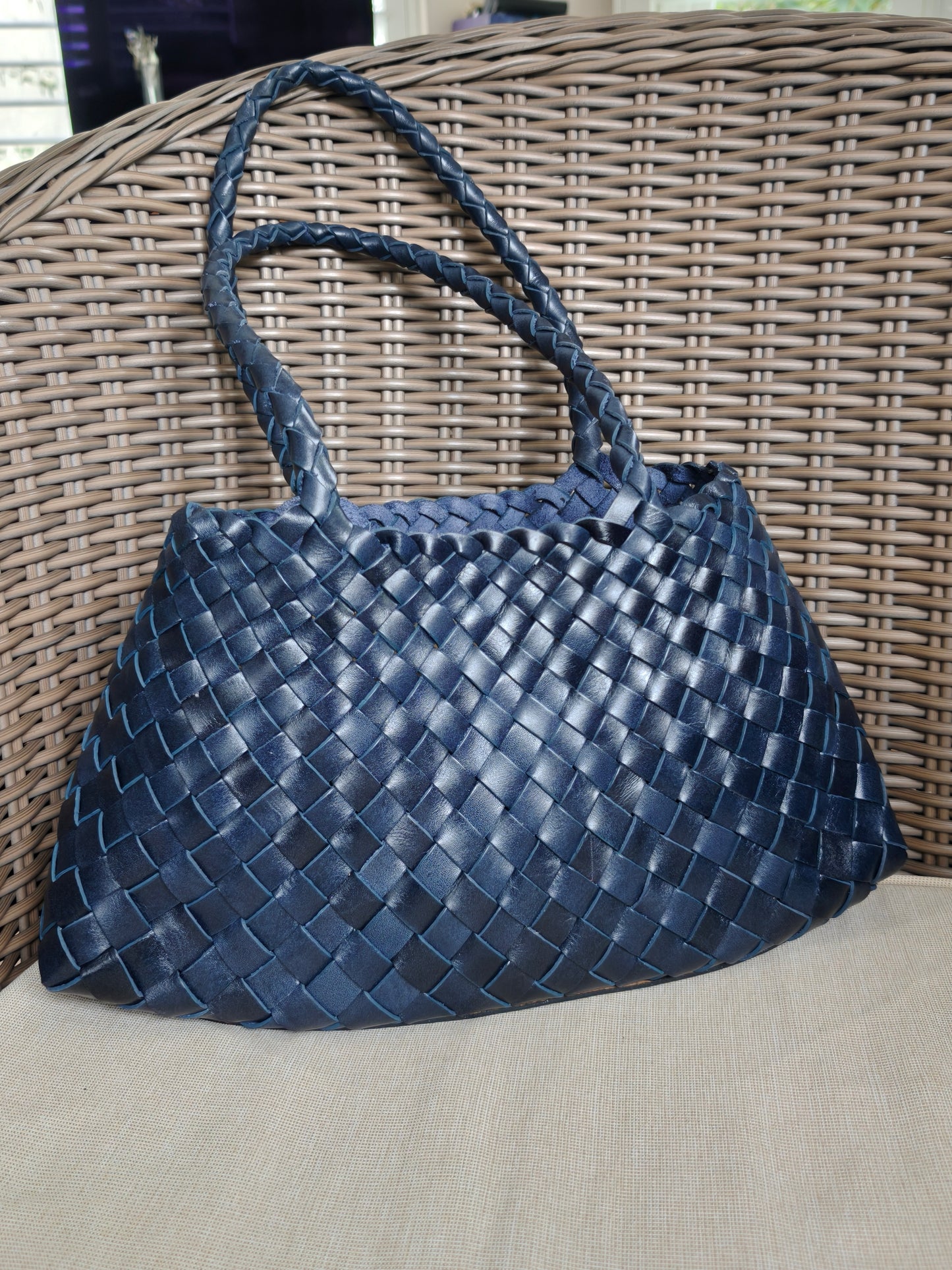 Leah - (LARGE LONG HANDLES) Genuine Leather Woven Tote