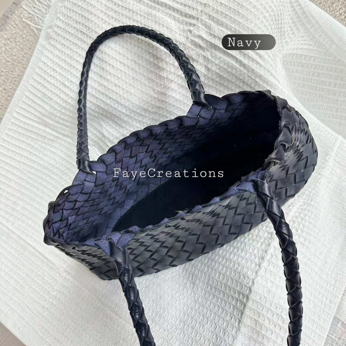 Top View Of Leah Large Handmade Leather Woven Tote Bag with Long Handles in Navy Leather