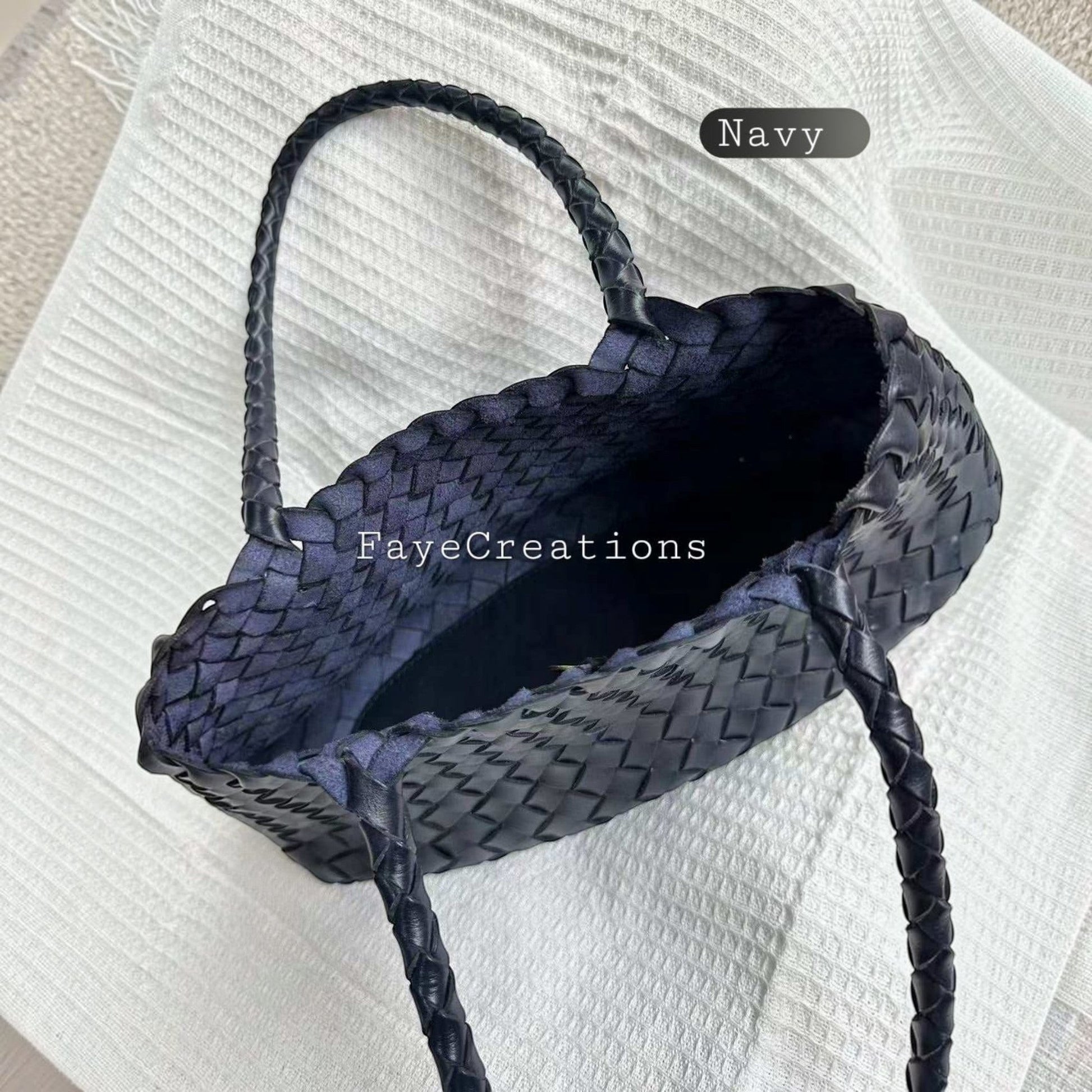 Top View Of Leah Large Handmade Leather Woven Tote Bag with Long Handles in Navy Leather