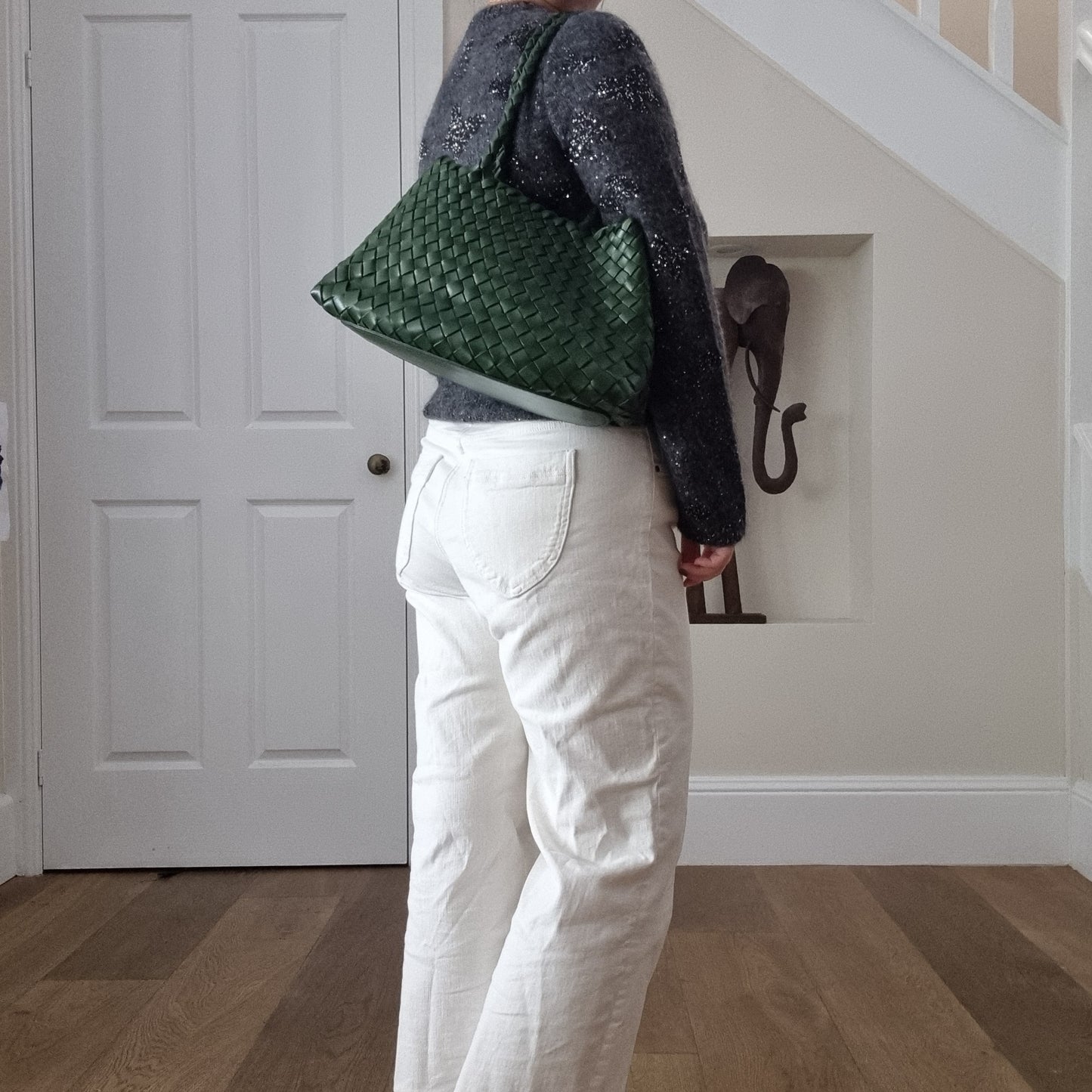 Opal (MEDIUM LONG HANDLES) - Handmade TOP LAYER cowhide leather woven shoulder tote bag with long handles