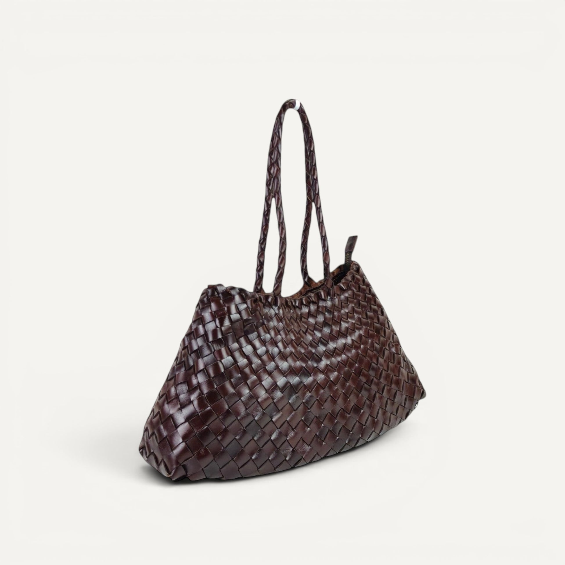Leah City Zip woven leather tote bag with zipper closure and long handles