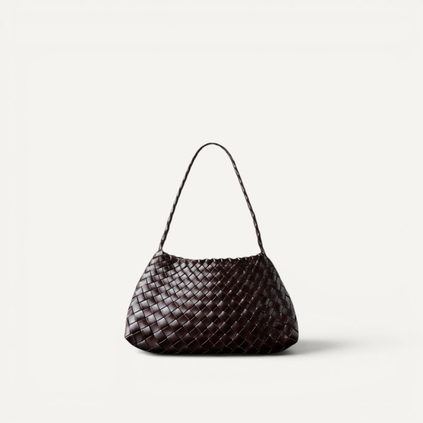 Emma handmade full leather cowhide shoulder bag in woven dark brown design