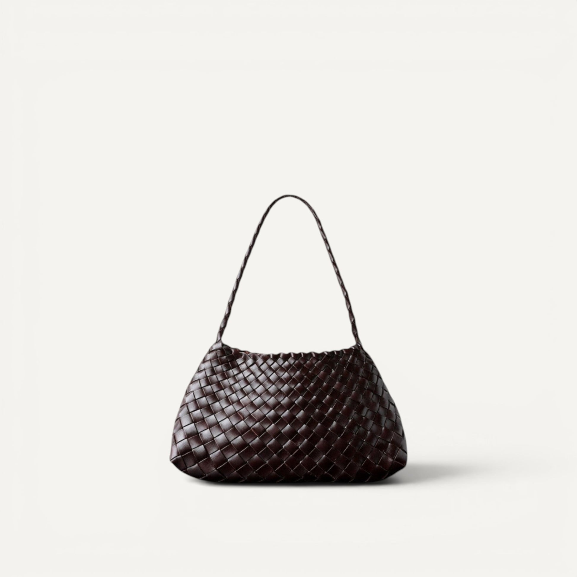 Emma handmade full leather cowhide shoulder bag in woven dark brown design