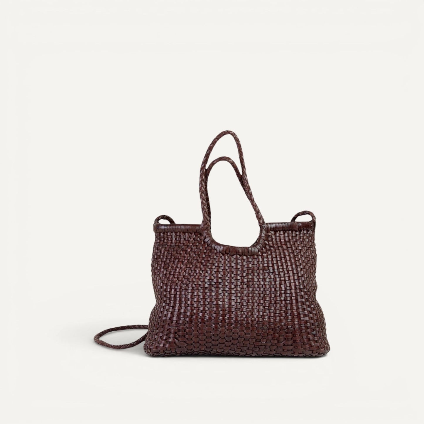 Handcrafted Dahlia Tote in woven premium cowhide leather with removable base panel and versatile carrying options