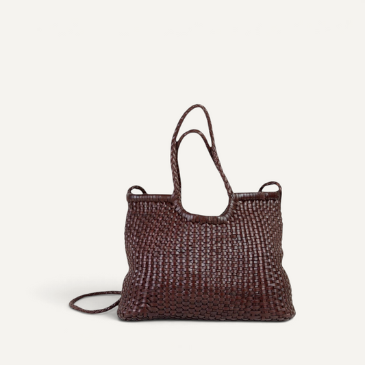 Handcrafted Dahlia Tote in woven premium cowhide leather with removable base panel and versatile carrying options