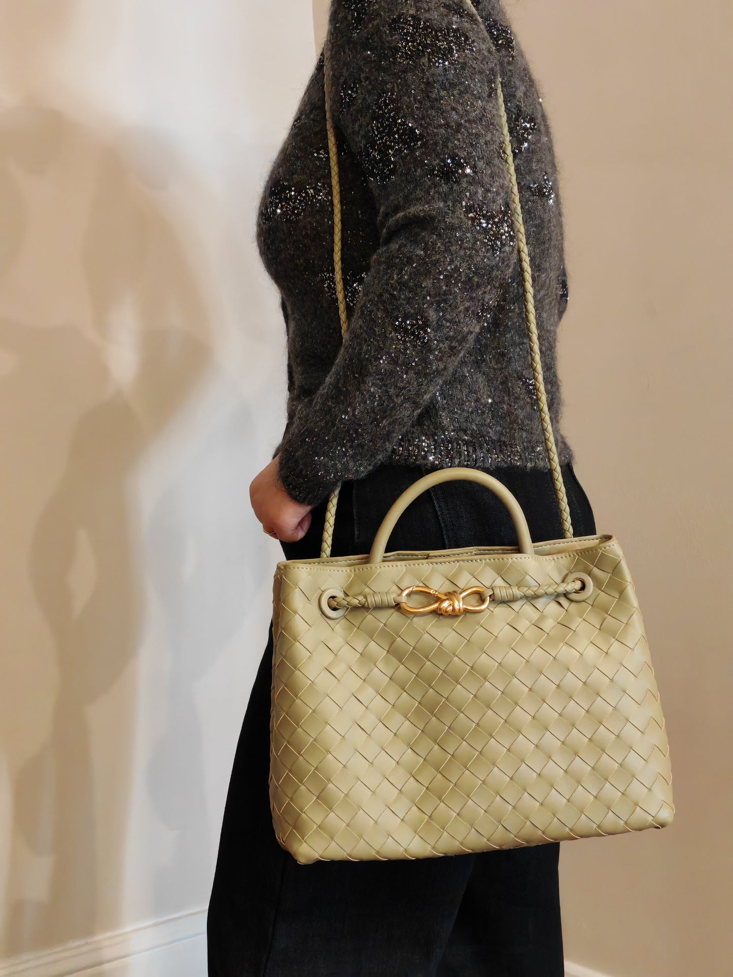 Jade Large - Crosswoven Leather Shoulder Bag – Dual Compartment