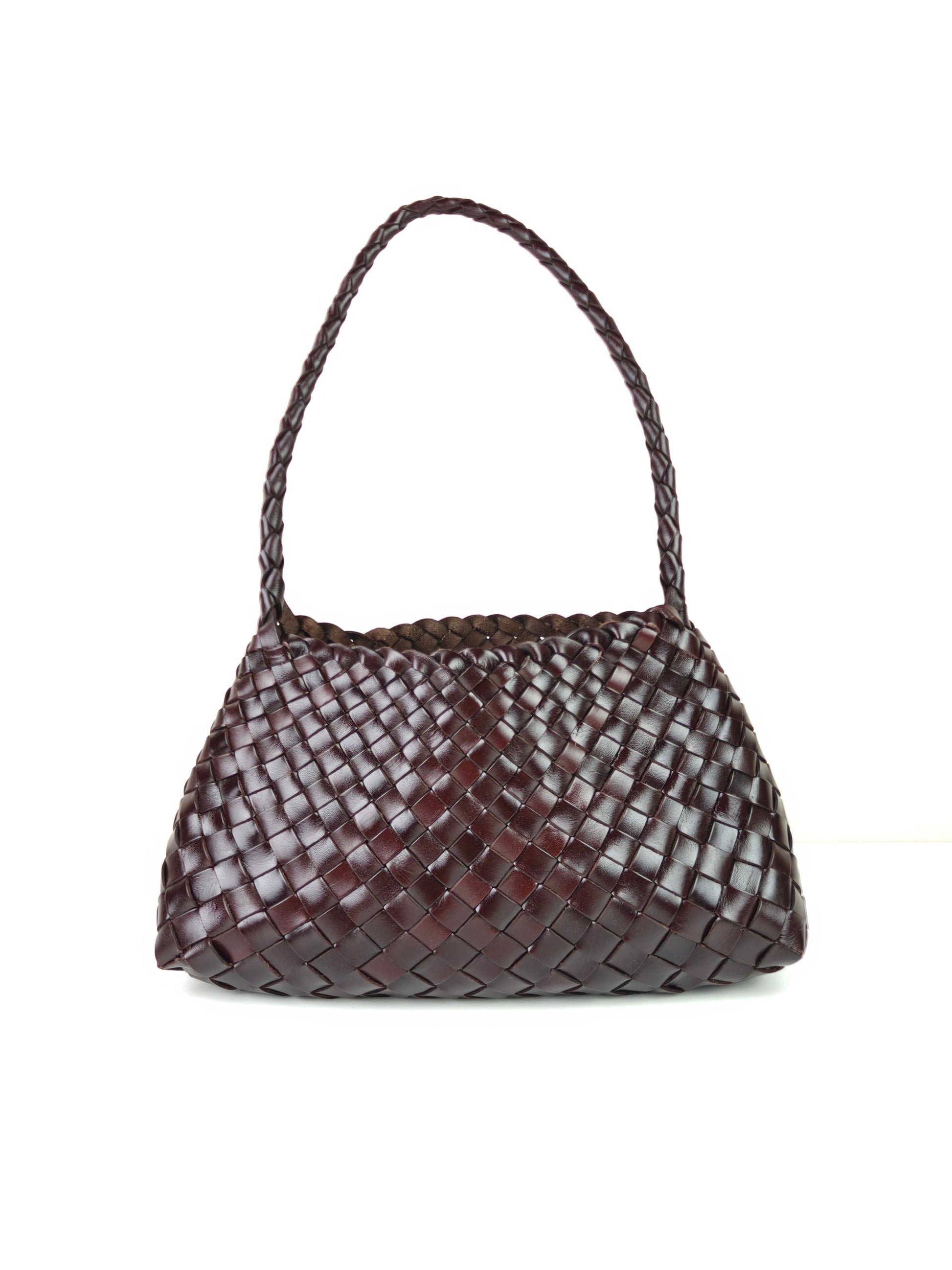 Emma handmade full leather woven cowhide shoulder bag in dark brown with compact retro design