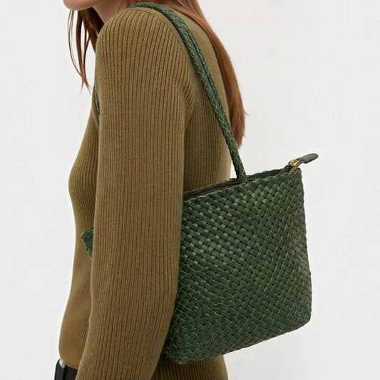 Handwoven full-grain leather Rhea tote with braided handles and detachable shoulder strap