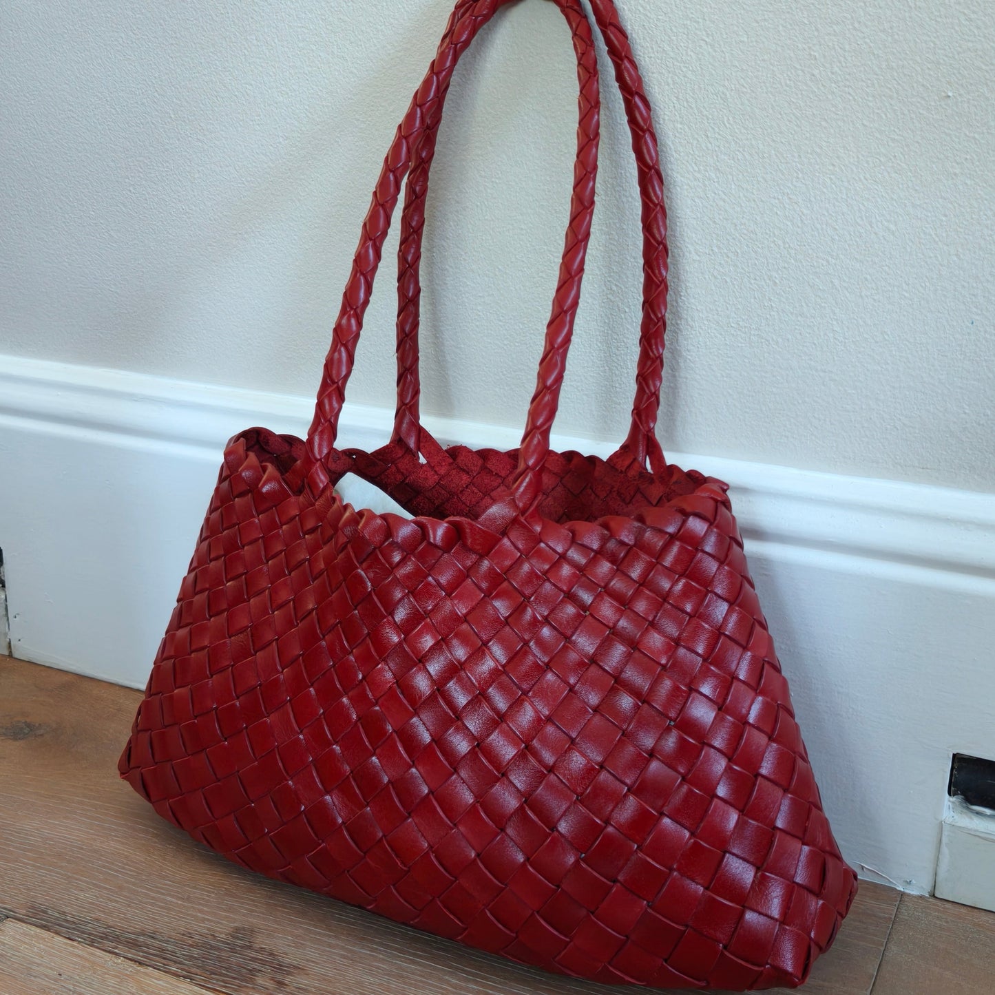 Leah - (LARGE LONG HANDLES) Genuine Leather Woven Tote