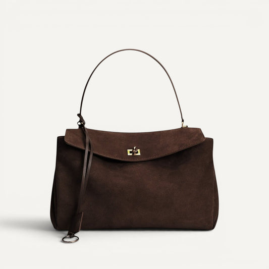 Harper large suede leather shoulder bag with gold-tone hardware and structured design