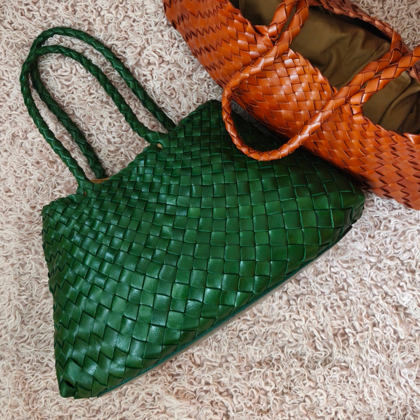 Leah - (LARGE LONG HANDLES) Genuine Leather Woven Tote