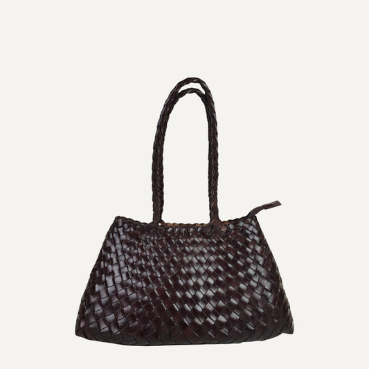 Opal City Zip woven genuine cowhide leather tote bag with zipper closure and long handles