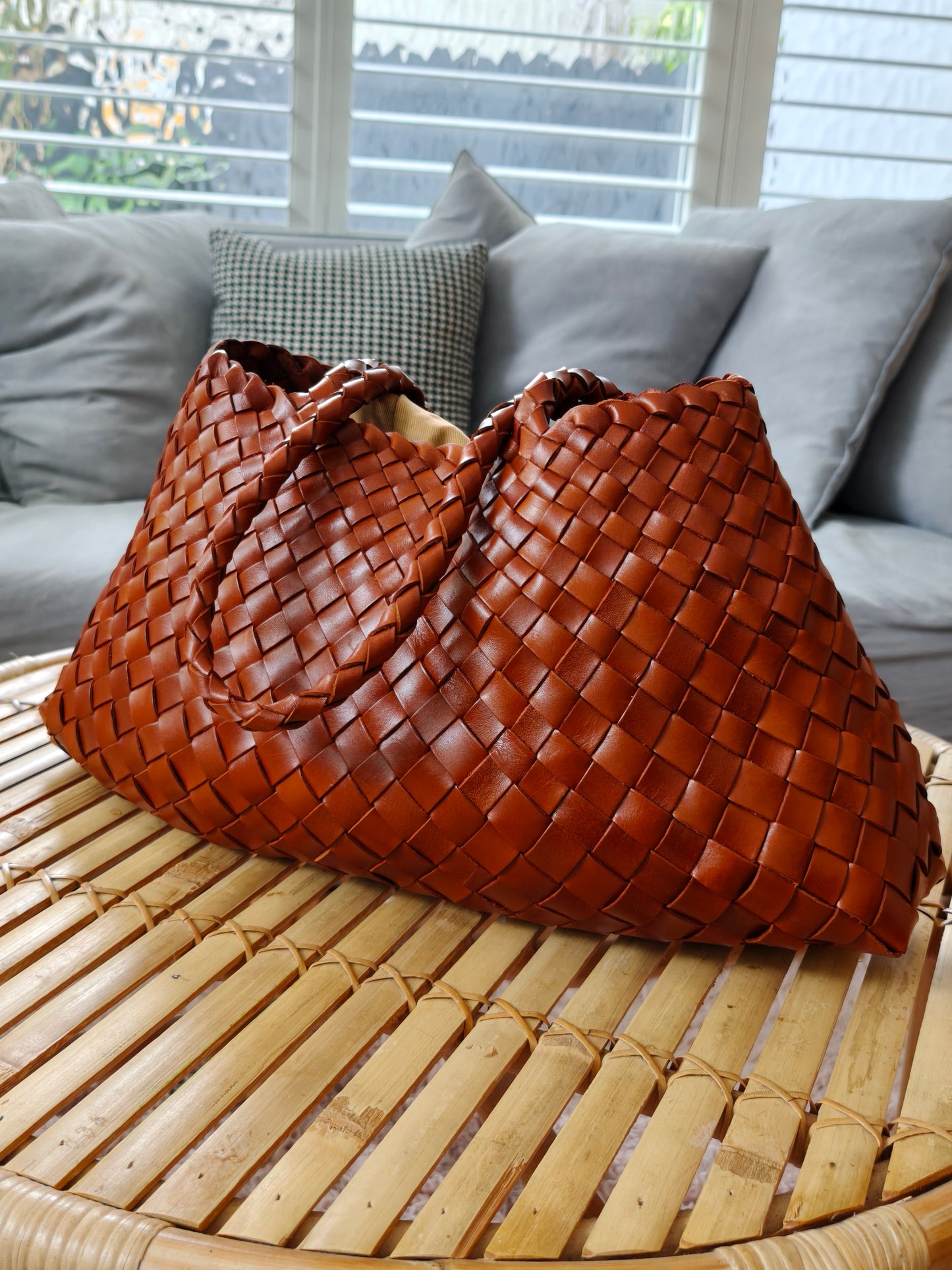 Leah - (LARGE LONG HANDLES) Genuine Leather Woven Tote
