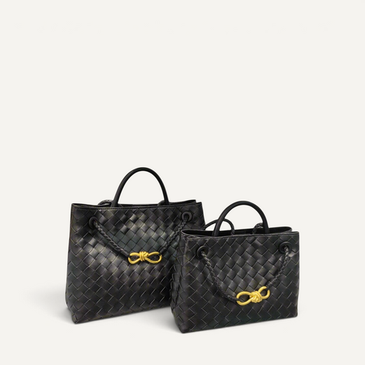 Fayecreations Jade Large black woven leather tote bags with gold-tone hardware and braided handle details.