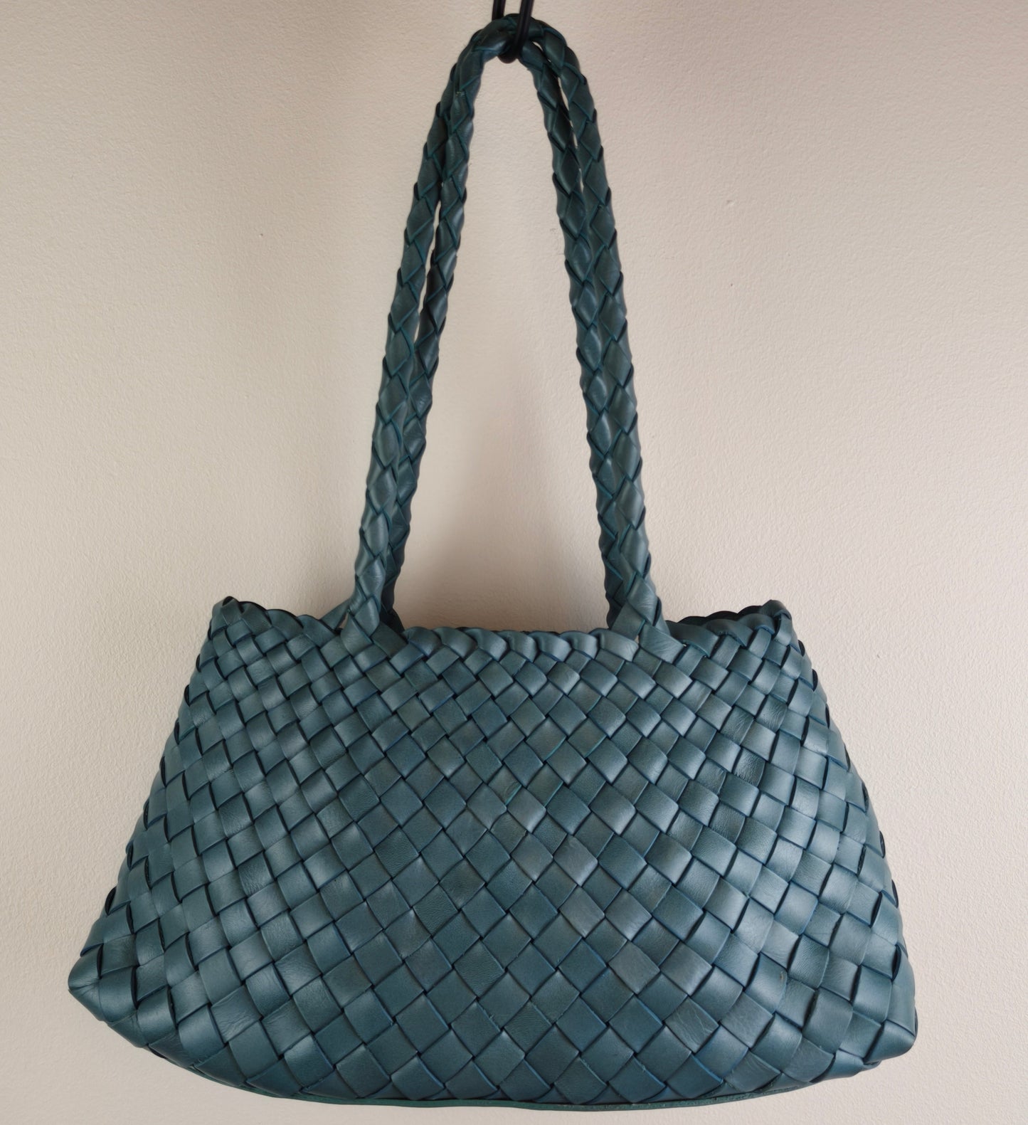Smoky blue Opal leather woven tote bag front view, showing structured shape and woven texture