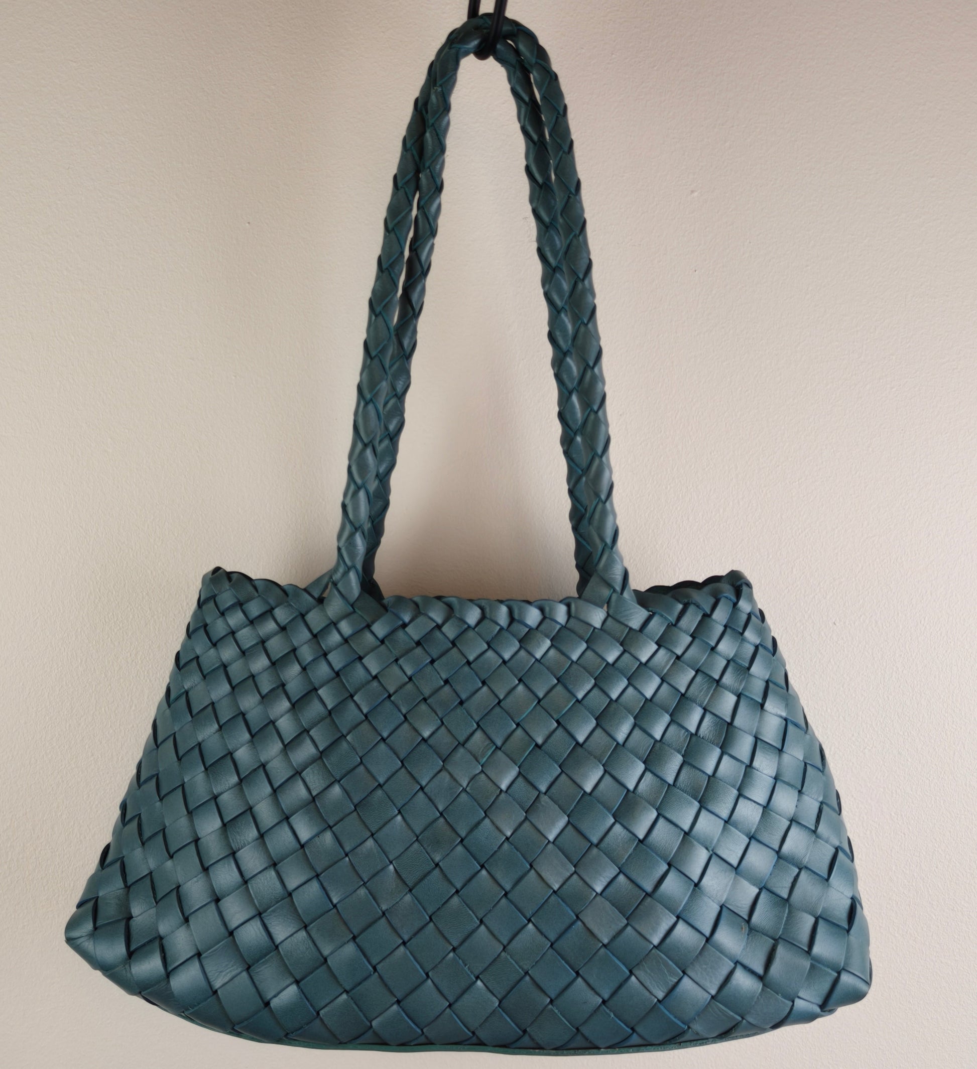 Smoky blue Opal leather woven tote bag front view, showing structured shape and woven texture