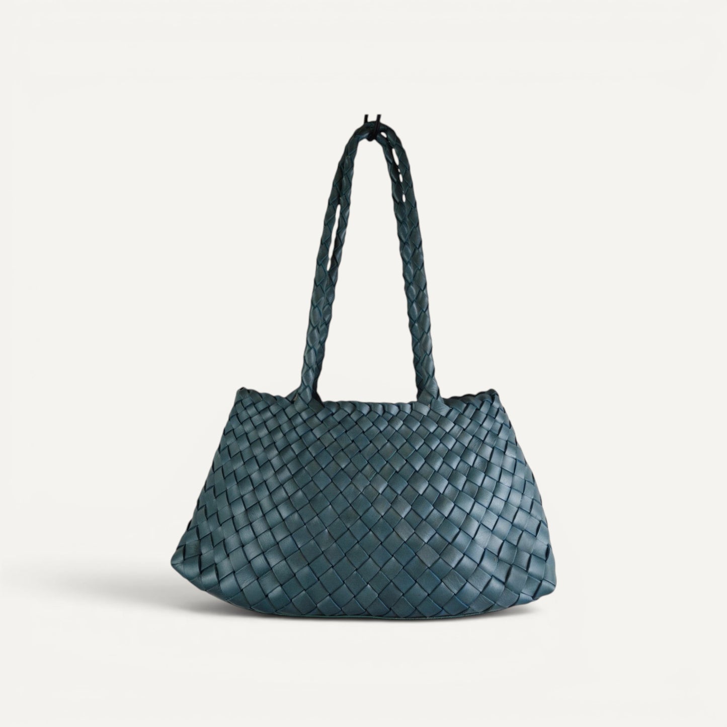 Smoky blue Opal leather woven tote bag front view, showing structured shape and woven texture