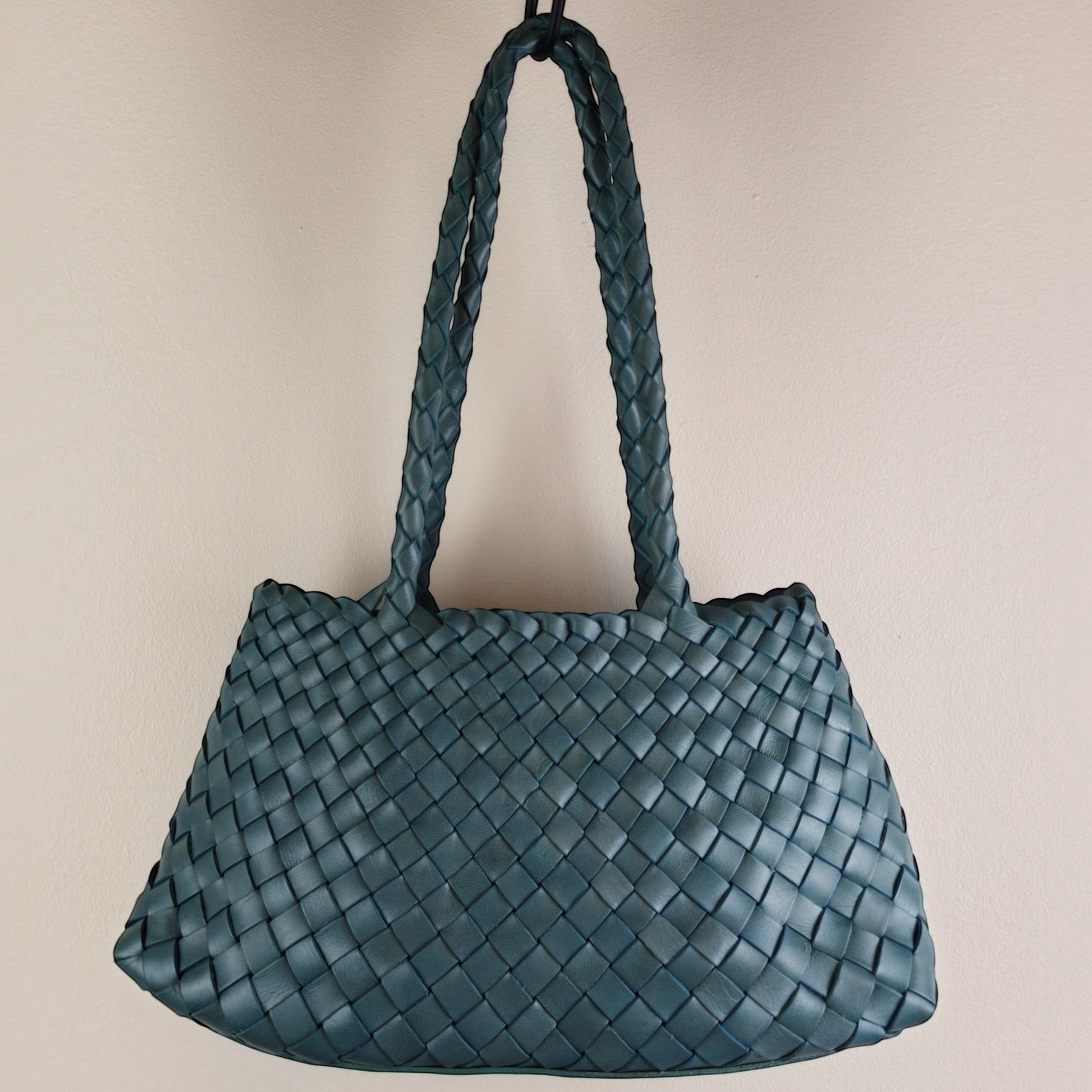 Smoky blue Opal leather woven tote bag front view, showing structured shape and woven texture