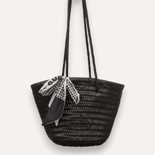 Handmade Elsa retro leather woven cowhide bucket bag with soft texture and shoulder strap