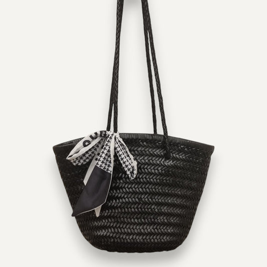 Handmade Elsa retro leather woven cowhide bucket bag with soft texture and shoulder strap