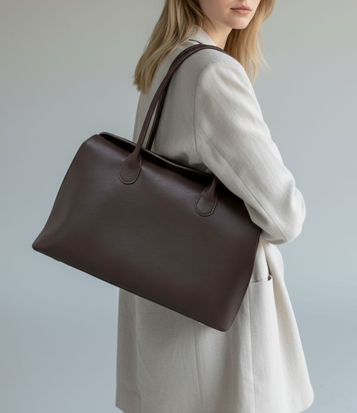 model wears leather valentina bag on her shoulder